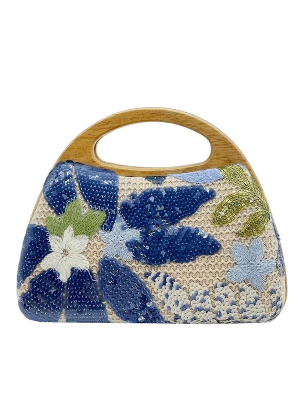 NEW Blue Floral Beaded Handbag with Wood Handle